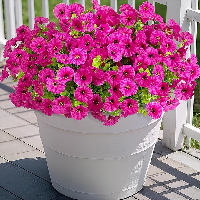 Hrobek Artificial Flowers for Outdoors Decoration, 12 Bundles Fake Plastic Flower Plant, Faux Colorful Silk Morning Glory Eucalyptus for Outside Garden Porch Front Door Decor, Purple