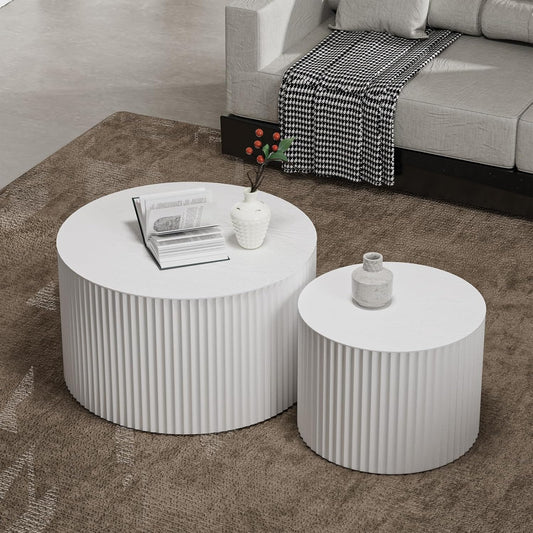 Round Nesting Coffee Table, Drum Wood Coffee Table Set of 2 White, Modern Fluted Nesting Tables Circle Center Table 2 Piece for Small Spaces Living Room Bedroom Balcony Office, No Assembling