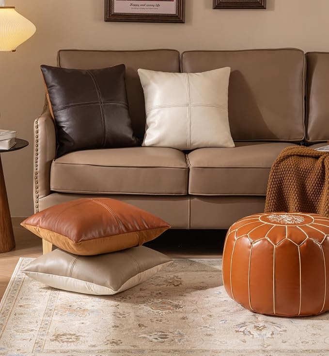 Full Grain Leather Throw Pillow Cover (20" x 20") (Cream) | Cowhide Sofa Cushion Case Thick Genuine Leather Throw Pillow for Living Room Bedroom and Home Office, Pack of 1, Cover Only