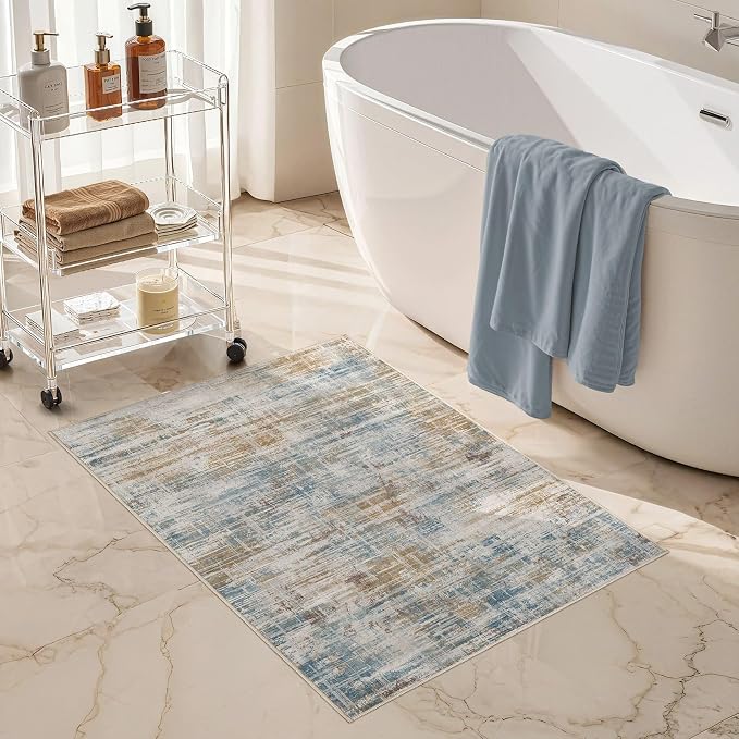 UERMEI 2x3 Washable Entryway Area Rug: Neutral Abstract Small Floor Carpet Soft Low Pile Non Slip Indoor Door Mat for Kitchen Hallway Stain Resistant for Pets and Kids Room Blue Brown