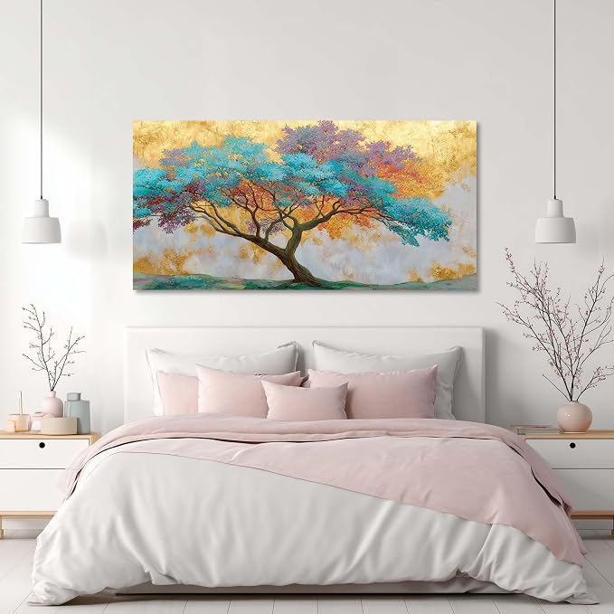 Ggaafet Gold Blue Tree Wall Art for Bedroom Canvas Oil Painting Prints Beautiful Tree of Life Art Deco Modern Artwork Office Family Dining Room Decor