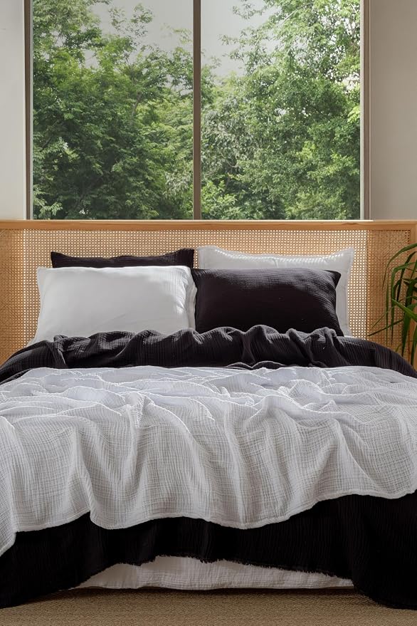 Muslin Blanket - Pure 100% Turkish Cotton Airy Soft Light Versatile Gauze Throw Blanket for Bed, Couch, Sofa (Black, Queen XL Size (95" x 95" inch))