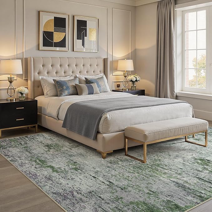 DMOYEST Area Rug Living Room Rugs - 6x9 Large Soft Indoor Neutral Modern Abstract Low Pile Washable Rug Carpet for Bedroom Dining Room Farmhouse Home Office - Green/Grey/Brown