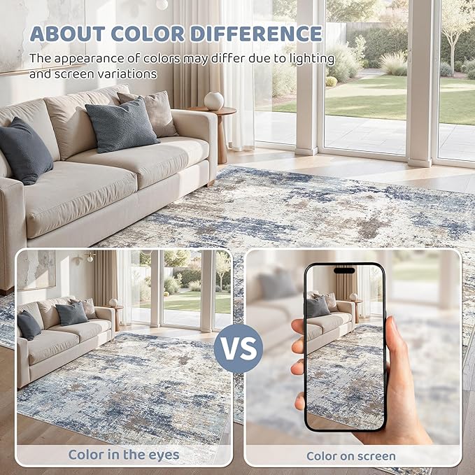 UERMEI 6x9 Area Rug Living Room Rugs - Washable Neutral Modern Abstract Soft Thin Large Rug Indoor Floor No Slip Rug Carpet for Bedroom Under Dining Table Home Office Decor- Denim Blue