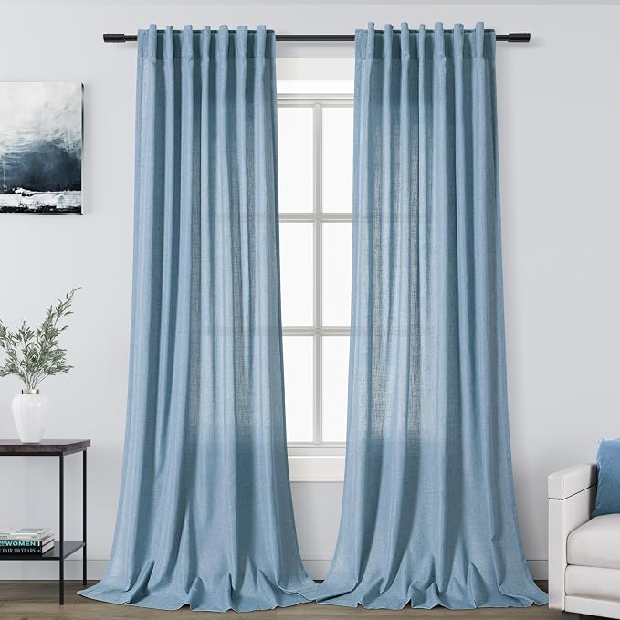 Nanspring Blue Linen Curtains for Living Room 2 Panels Set Extra Long Back Tab Light Filtering Semi Sheer Curtain Drapes for Bedroom Neutral Farmhouse Ceiling to Floor for Large Window 52x100