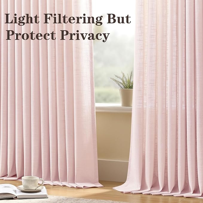 Light Pink Pinch Pleated Linen Curtains 96 Inches Long for Girls Bedroom Living Room, Light Filtering Pleat Drapes Textured Thick Blush Semi-Sheer Window Curtain with Hooks for Nursery, 2 Panels