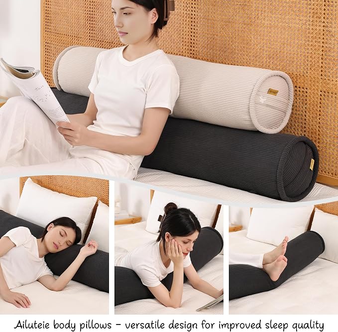 Body Pillow for Adults – Corduroy Long Round Bolster Pillow for Bed, Cuddle Pillow with Full Support for Side Sleepers & Restful Sleep,47 x 7.87 Inches,Lamp Black