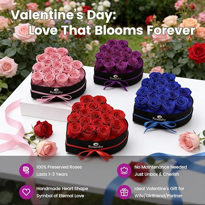 Valentines Day Flowers Roses Gifts for Her,16pcs Purple Forever Preserved Roses in Heart Shape Gift Box,Valentines Day Delivery Prime Gifts-Roses Gifts for Women,Mom.