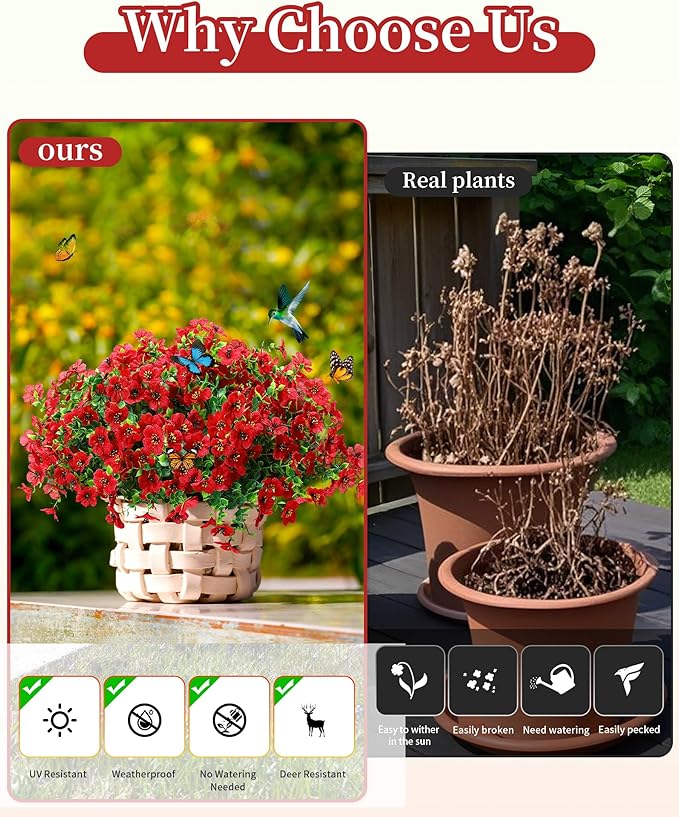 Artificial Flowers for Outdoor Decor, 16 Pack UV-Resistant Fake Red Silk Daisy Flowers, Perfect for Spring & Summer Decorating – Front Porch, Patio, Window Boxes, and Potted Plants