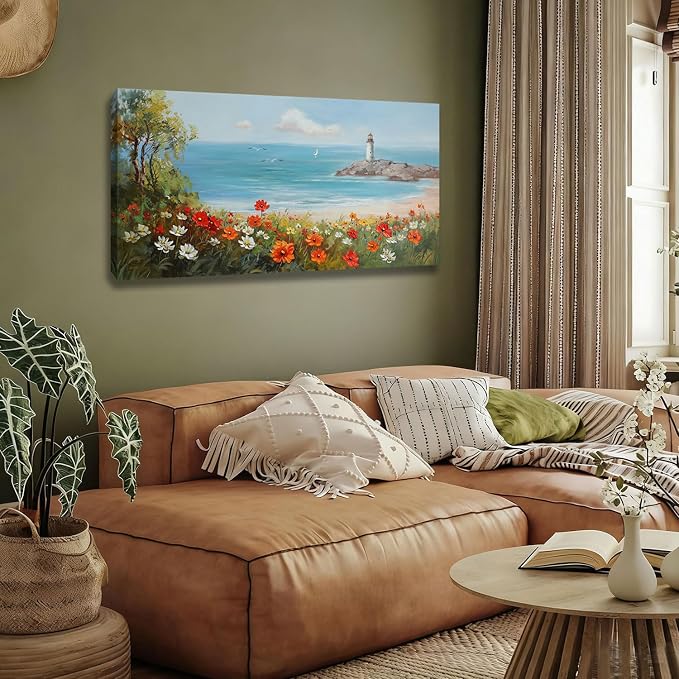 Ardemy Lighthouse Framed Canvas Wall Art for Living Room Blue Ocean Painting Seascape Landscape Coastal Picture Textured Bedroom Artwork Home Office Wall Decor, Large 40"x20"