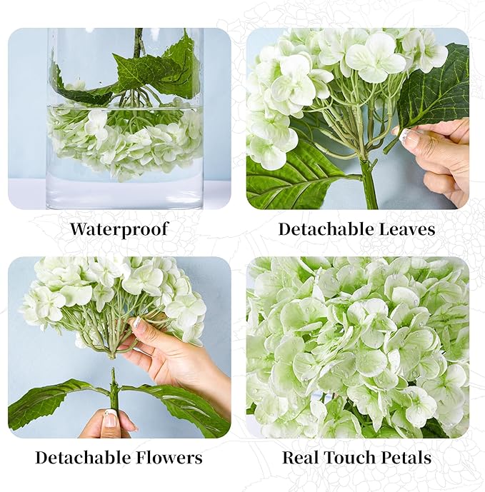 BonBloom's 3 Pcs Light Green Hydrangea Artificial Flowers 21" Latex Large Heads Faux Hydrangeas Flowers Realistic Leaves& Stem for Wedding Table Centerpieces Home Party Outdoor Arrangements Decor