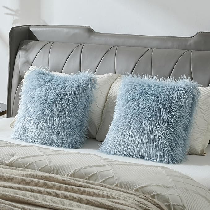 FUTEI Pack of 2 Shaggy Mongolian Faux Wool Throw Pillow Covers 18x18 Inch Soft Decorative Cushion Case for Couch Bed Living Room, Dusty Blue