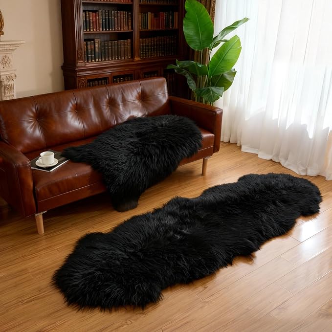 Premium Genuine Sheepskin Area Ruge - Real Wool Fur Shaggy Carpet | Fluffy Soft Natural Lambskin Rug Seat Chair Covers for Couch Sofa Bedroom Living Room(Black,2×6 Feet Sheepskin)