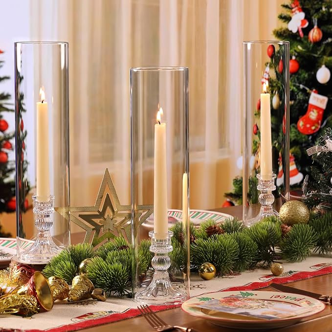 6 Set Hurricane Glass Candle Holders for Taper Candles, Vertical Striped Candlestick Holders with Windproof Glass Tubes 13.4" H for Wedding, Dinner Table Centerpieces, Festival and Party Decor