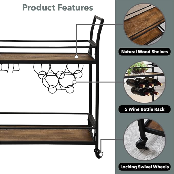 FirsTime & Co. Black and Brown Gardner Bar Cart, 2 Tier Mobile Mini Bar, Kitchen Serving Cart and Coffee Station with Storage for Wine and Glasses, Metal and Wood, Modern