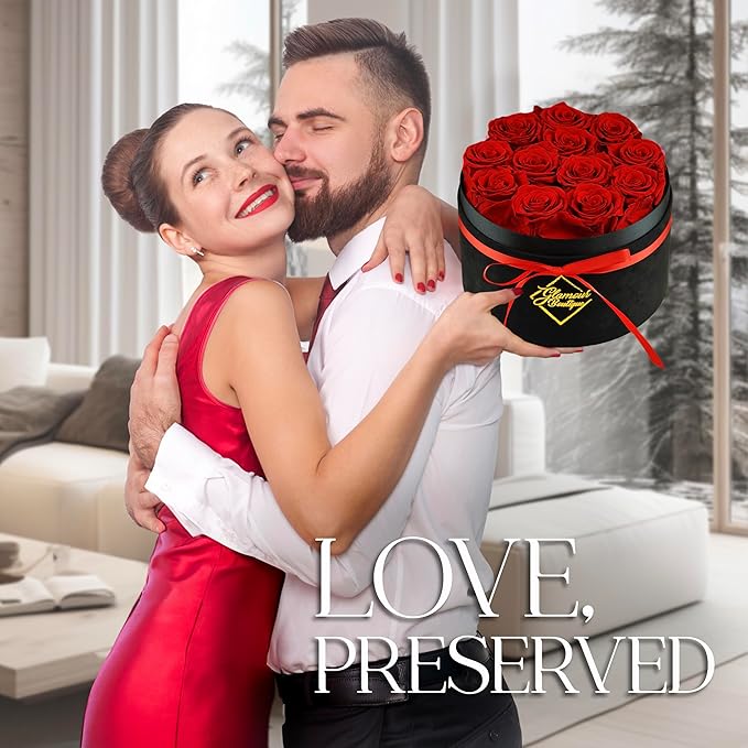 GLAMOUR BOUTIQUE Flowers Forever Gift Box, 12 Real Preserved Roses in Velvet Black Box, Floral Gift for Her, Mom or Wife for Birthday, Mother’s Day, Anniversary or Graduation, Red (Color-Treated)