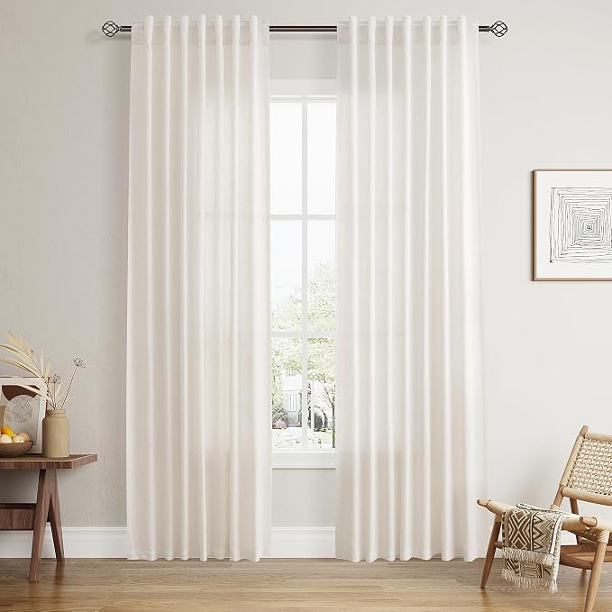 Nanspring Ivory White Linen Curtains 84 Inch Long 2 Panels Set for Bedroom Living Room Soft Thick Linen Textured Window Drapes Semi Sheer Light Filtering Rod Pocket Back Tab Farmhouse Decor 50 x 84