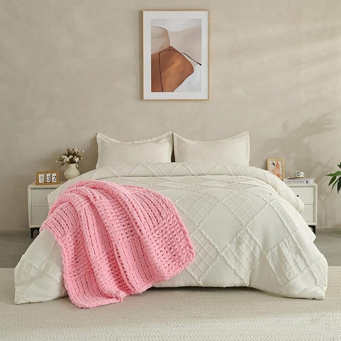 Chunky Knit Blanket Throw 50x60 Inches,Handmade Cable Knit Crochet Blanket,Cozy Lightweight All Season,Wrinkle-Resistant Polyester for Couch Bed Sofa Reading Nook, Beige,Pink