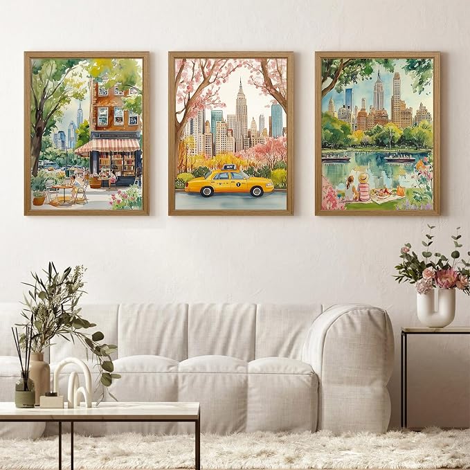 Watercolor New York City Wall Art Nyc Canvas Wall Decor Nyc Painting New York Landmarks Poster Travel Wall Art Central Park Artwork for Bedroom Living Room 16x24x3 Inch Wood Framed