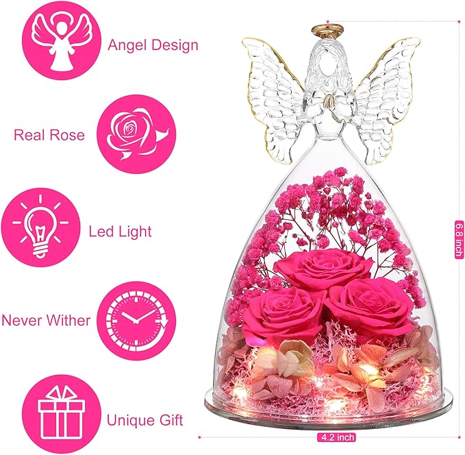 Mothers Day Rose Gifts for Women Preserved Real Flower in Glass Angel Figurines Roses for Delivery Prime Birthday Gifts for Mom Grandma Girlfriend Wife Her - Hot Pink