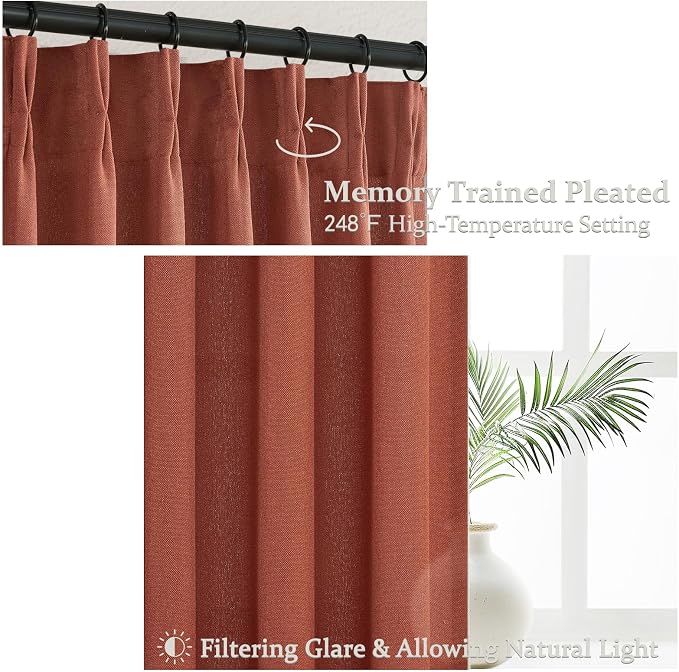 PleatedDrapes Decorative Burnt Orange Sheer Curtains 96 Inches Long for Sliding Glass Doors, Farmhouse Cottage Core Fall Pinch Pleat Linen Blend 96 Inch Curtain 2 Panel Set Light Filtering Drapes Rust