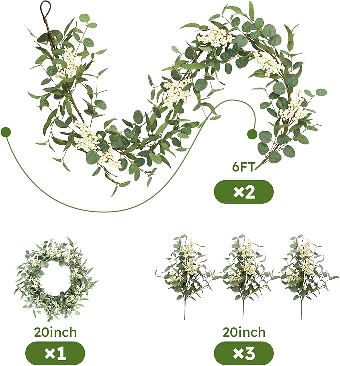 Pinkpum 20'' Eucalyptus Wreath 6FT Greenery 20'' Artificial Plants Set 6 for Front Door Fireplace Table Hanging Porch Wall Home Window Decor Farmhouse Garden Indoor Outdoor Summer Spring Fall Garland