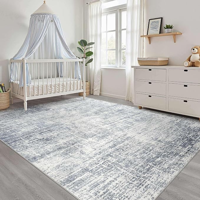 10x14 Area Rugs Living Room: Washable Large Neutral Blue Rug Abstract Soft Modern Stain Resistant Indoor Floor Non-Slip Carpet for Bedroom Nursery Kids Office Playroom Dining Room Under Table Home