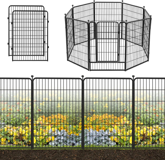 Decorative Black Metal Fencing Garden Fence with Gate, 18ft(L) 40in(H) 8 Fence Panels No Dig Fence Rustproof Animal Barrier Fence Temporary Dog Panels Fencing Outdoor