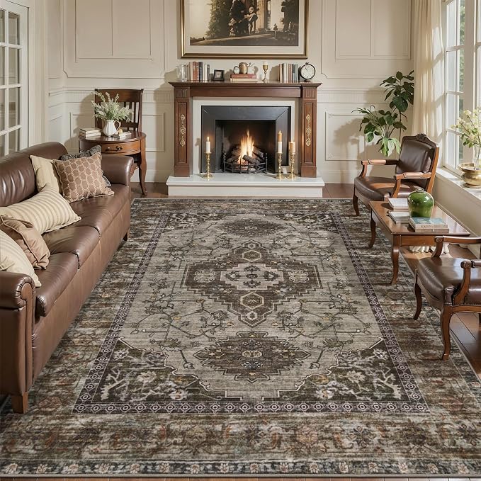 Tangsoo 8x10 Area Rugs for Living Room, Washable Rug Oriental Vintage Indoor Non Slip Large Area Rugs, Print Carpet, Soft Low Pile Foldable Floor Rugs for Bedroom Dining Room Dorm Grey/Taupe