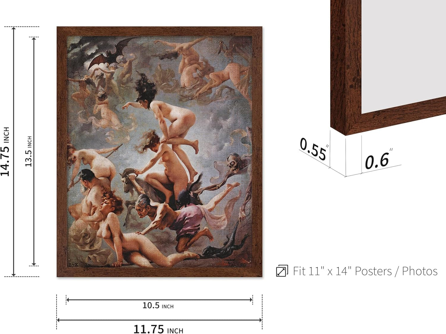 Poster Master Vintage Luis Ricardo Falero Poster - Retro Occult Print - Gift for Gothic, Horror Fan - Witches Going to their Sabbath, Pagan - Wall Decor for Bedroom, Dorm, 11x14 Brown Framed