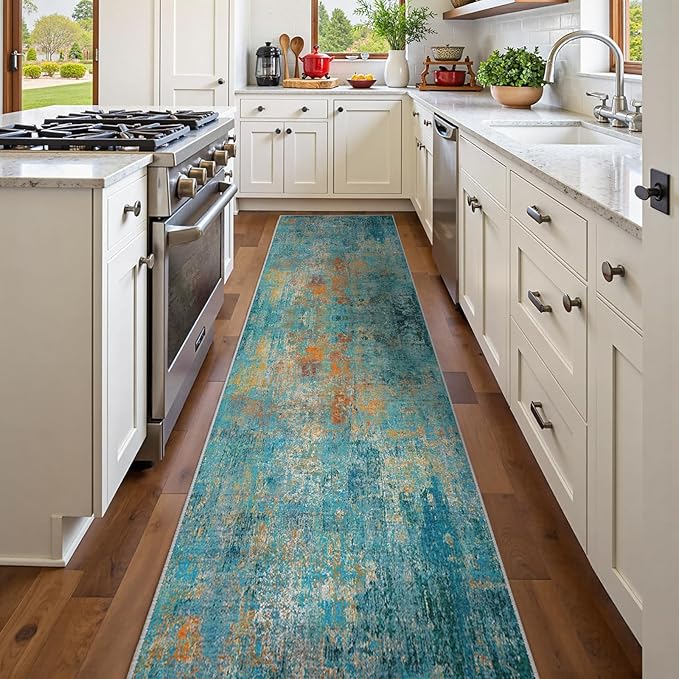 RELEANY Washable Area Rugs 2'x8' Non-Slip Modern Abstract Soft for Living Room Entryway Bedroom Nursery, Print Pattern, Teal Blue Green Orange Rust Red Coloreful