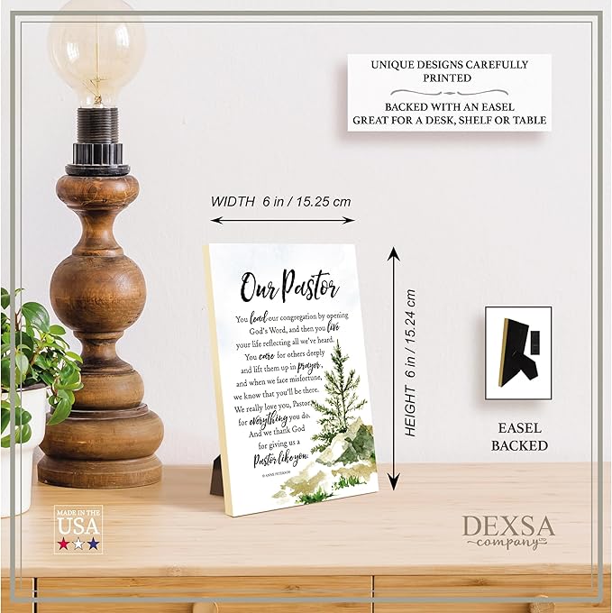 DEXSA Our Pastor Wood Plaque with Inspiring Quotes 6"x9" - Elegant Vertical Frame Wall & Tabletop Decoration | Easel & Hanging Hook | Christian Family Religious Home Decor Saying | Made in the USA