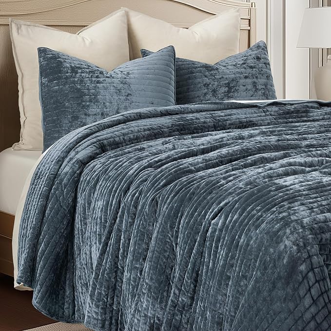 EverGrace Velvet Quilt Set Queen Size, Luxurious Soft Striped Channel Bedding Set, Lightweight Velvet Comforter for All Season, Oversized Bedspread Coverlet with 2 Matching Shams, Stormy Blue