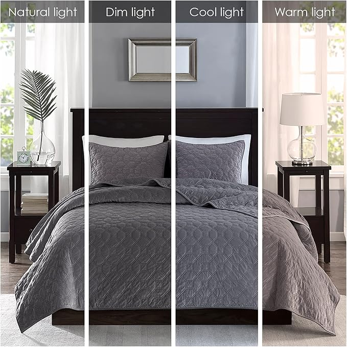 Madison Park Harper Quilt Set Velvet Casual Geometric Stitching Design All Season, Lightweight Coverlet, Cozy Bedding, Matching Shams, King/Cal King(104"x94"), Grey 3 Piece
