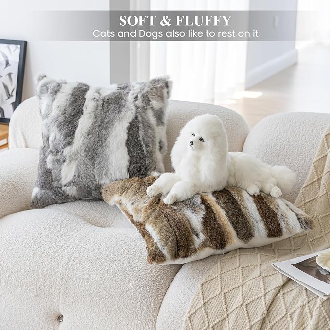 MOOX Rabbit Fur Pillow Covers Set of 2 Fur Throw Lumbar Decorative Pillow Fuzzy Soft Fluffy Genuine Animal Skin 18"x18" Sofa Couch Bed Cover, Couch-Yellow White