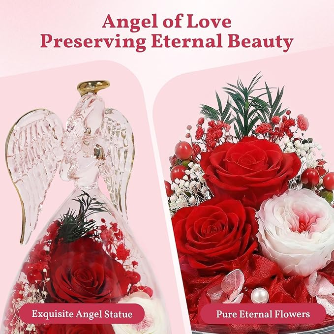 TranquilBliss Gifts for Mom, Flowers for Mother’s Day, Preserved Rose in Glass Dome with Light, Angel Figurines for Her Birthday, Valentine’s Day for Wife, Grandma, Women - Red