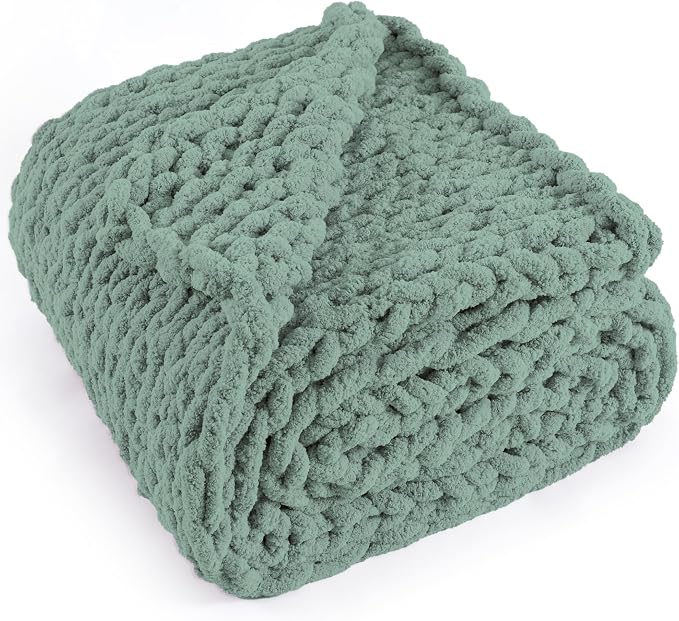 Chunky Knit Throw Blanket 50x60, 100% Handmade Chenille Yarn | 4.4lbs Soft Thick Cable Knitted Blankets, Large Rope Knot Crochet Throws for Couch Sofa Bed Machine Washable, Sage Green