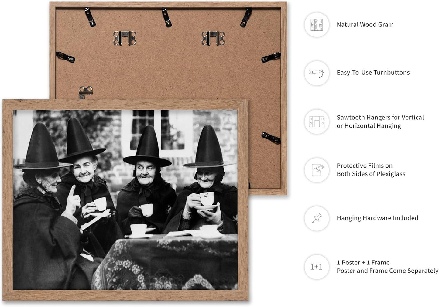 Poster Master Classic Photograph Poster - Vintage Halloween Print - Gift for Artist, Friend - Witches Tea Party, Old Women Smiling, Wearing Robes - Wall Decor for Living Room, 16x20 Beige Framed