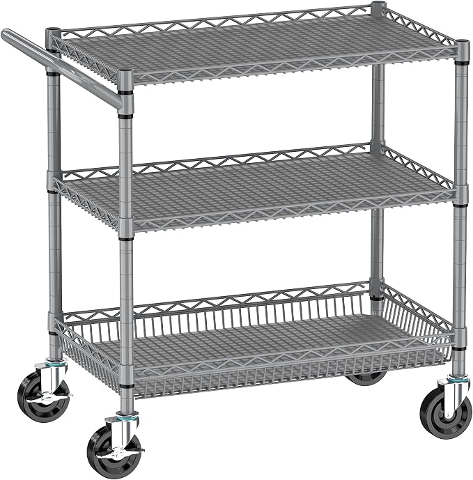 Folews Heavy Duty Rolling Cart with Wheels, 990LBS 3-Tier Metal Utility Cart, NSF Rolling Storage Organizer Adjustable Shelves & Basket, Lockable Casters, Commercial Storage Trolley, Gray