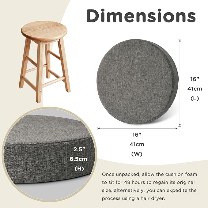AddGrace 2.5" Thick Non Slip Round Chair Pad Set of 2, 16", Light Grey | Machine-Washable Cover, Non-Slip, for Kitchen, Dining Room, Office, Floor, Bistro Cafe, for 16" Ottoman, 16" Round Stool