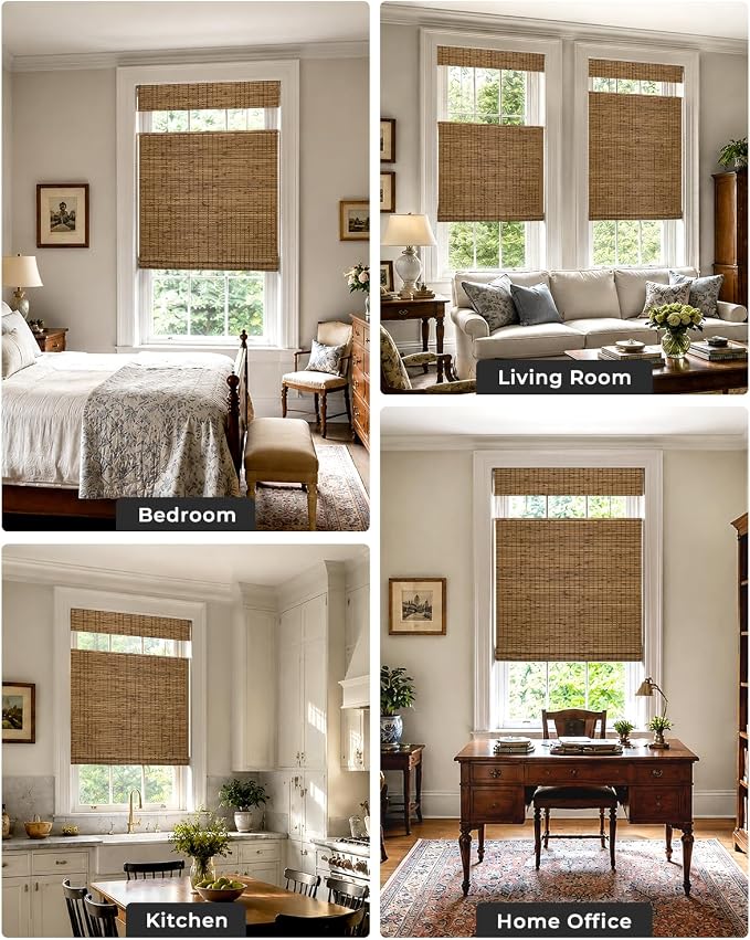 UNISHADES No Drill Cordless Bamboo Roman Shades, 22×48 in, Highfield Teak | Room Darkening Top Down Bottom Up Window Blinds for Indoor Windows