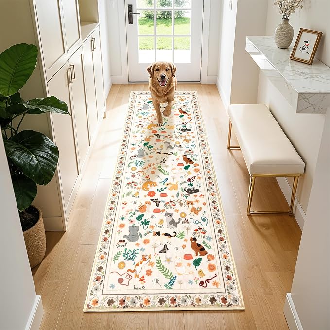 LIANLAM 2x6 Cat Themed Runner Rug for Hallway & Kitchen, Washable Non-Slip Long Carpet with Playful Feline Prints, Pet Friendly & Easy Clean Low Pile Floor Mat(2x6,Beige)