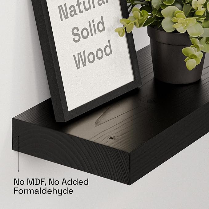 Solid Wood Floating Shelves for Wall 12 Inch Black, Small Wooden Shelf | Real Wood, Wide, Bathroom Shelves for Room Wall Mounted, Kitchen Bedroom, Black Finish, 12W × 6.7D, Set of 2