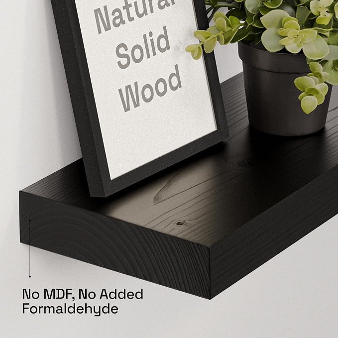 Solid Wood Floating Shelves For Wall 16 inch Black, Bathroom Wooden Shelf | Real Wood, Wall Mounted, Thick, Bedroom Kitchen Living Room, Black Finish, 16W x 6.7D Inch, Set of 2