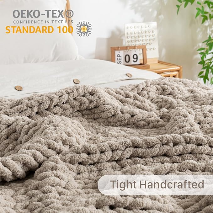 Chunky Knit Blanket Throw, 100% Hand Knit Throw Blanket Handmade Chenille Cable Knit Throw for Couch, Stylish Cozy Soft Rope Knot Crochet Blanket for Home Decor, Beige Linen, 60x80 Inches