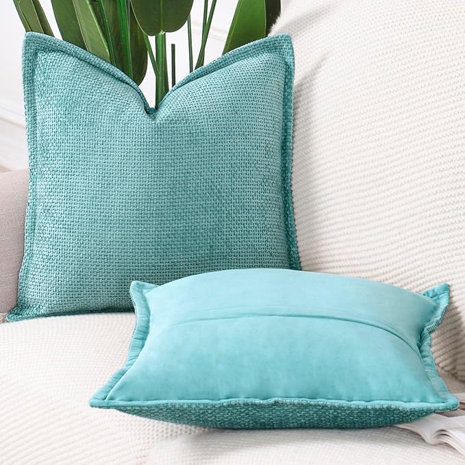 MADIZZ Decorative Chenille Velvet Throw Pillow Covers Set of 2 Soft Boho Textured Neutral Couch Throw Pillow for Bed Modern Farmhouse Home Decor for Sofa Livingroom Turquoise 18x18 Inch