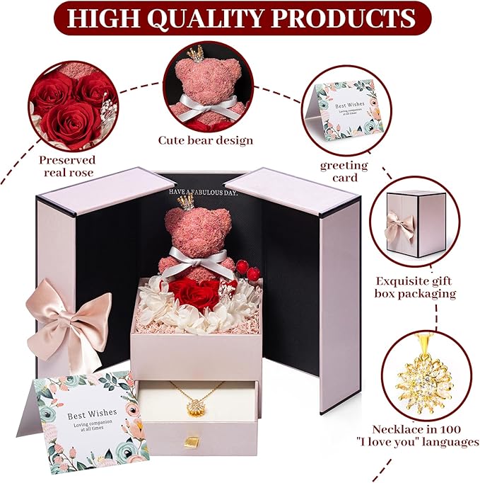Gifts for Mom Wife Women Preserved Real Red Rose with Rotating Sunflower Pandent Necklace&Cute Pink Bear Birthday Gift Box for Mama Girlfriend Wife Her Grandma Anniversary Valentines Day