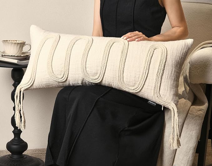 Beige Decorative Lumbar Pillow Cover 12x28, Handwoven Boho Long Body Pillowcase, Farmhouse Linen Cotton Pillow Cushion Case for Sofa, Bed, Living Room, Bedroom
