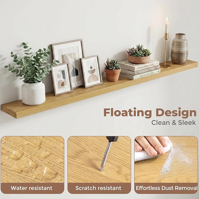 Venusmiles Floating Shelves for Wall, 72 Inch Floating Shelves Set of 2, 6.5" D Wooden Wall Mounted Display Shelves with Invisible Brackets for Living Room, Bedroom, Bathroom, Kitchen Decor, Oak