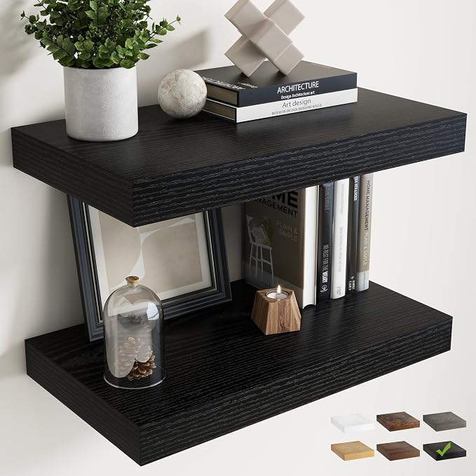 24 Inch Floating Shelves for Wall Set of 2, 12"D Wood Grain Bathroom Shelves with Invisible Brackets, Easy Install Engineered Wood Storage Shelves for Kitchen, Living Room, Bedroom, Black Finish